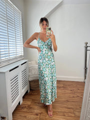 Zara White and Green Flower Print Satin Low Back V Neck Strappy Dress