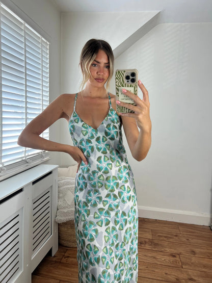 Zara White and Green Flower Print Satin Low Back V Neck Strappy Dress Josh And Nicol