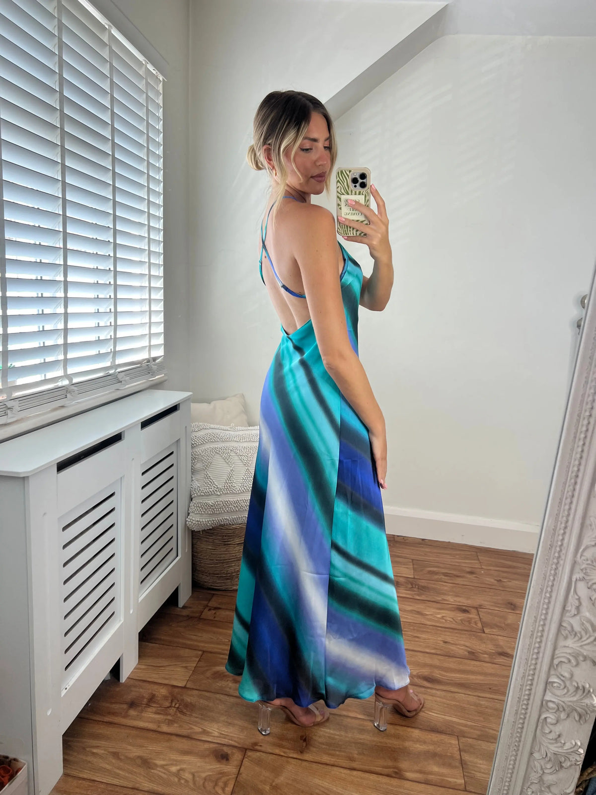 Mykonos Blue Stripe Printed Midi Low Back V Neck Bias Cut Strappy Dress Josh And Nicol