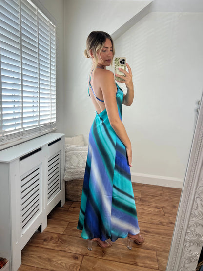 Mykonos Blue Stripe Printed Midi Low Back V Neck Bias Cut Strappy Dress Josh And Nicol