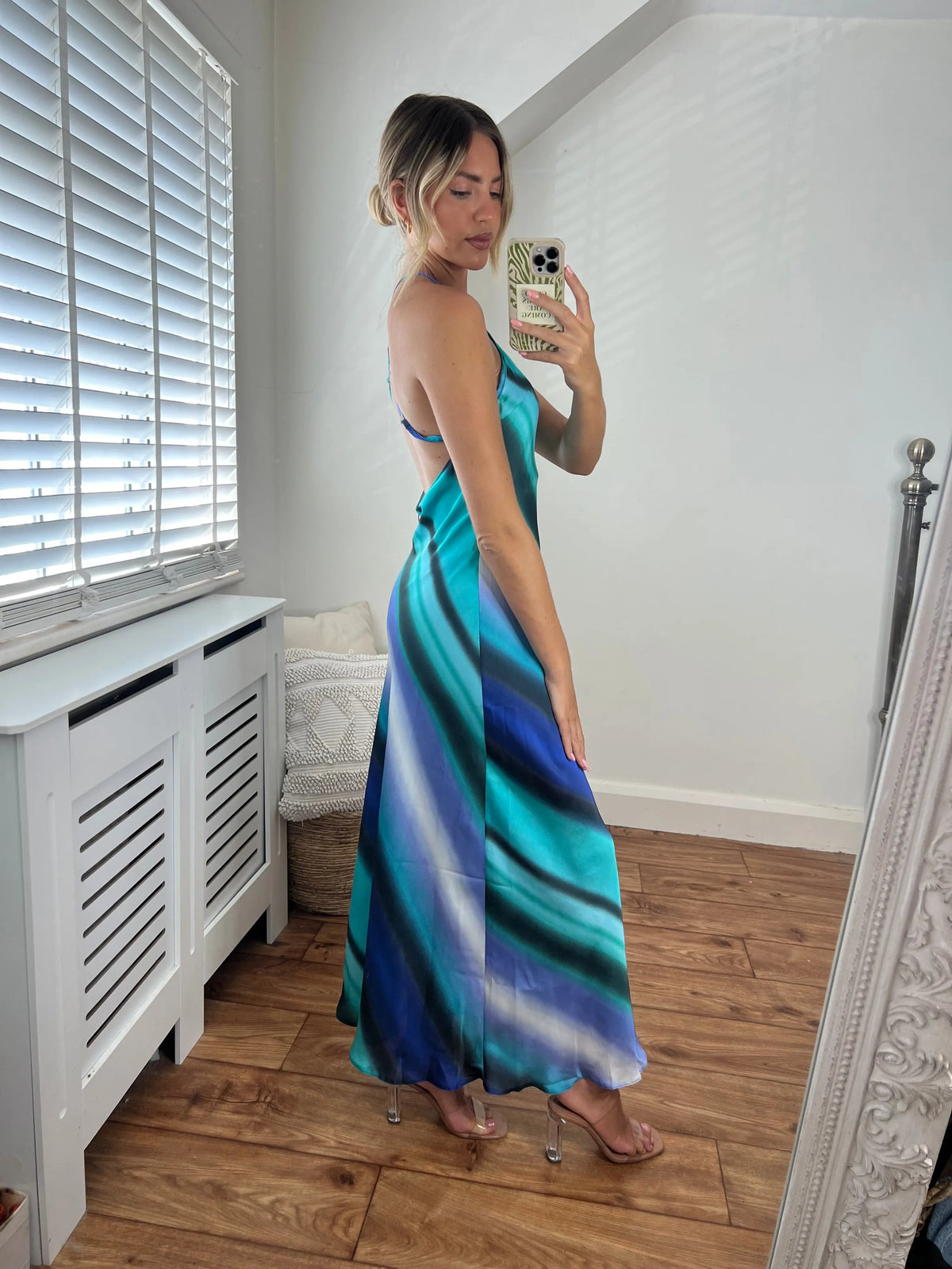 Mykonos Blue Stripe Printed Midi Low Back V Neck Bias Cut Strappy Dress Josh And Nicol