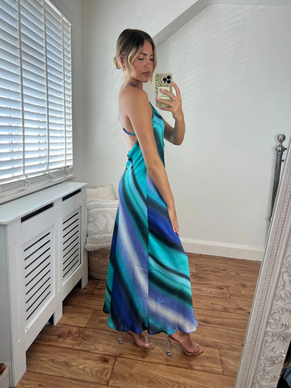 Mykonos Blue Stripe Printed Midi Low Back V Neck Bias Cut Strappy Dress Josh And Nicol
