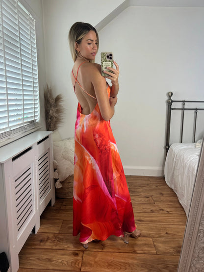 Zara Orange Printed Longer Length Midi Satin Bias Cut Elegant Strappy Dress with Low Back Josh And Nicol