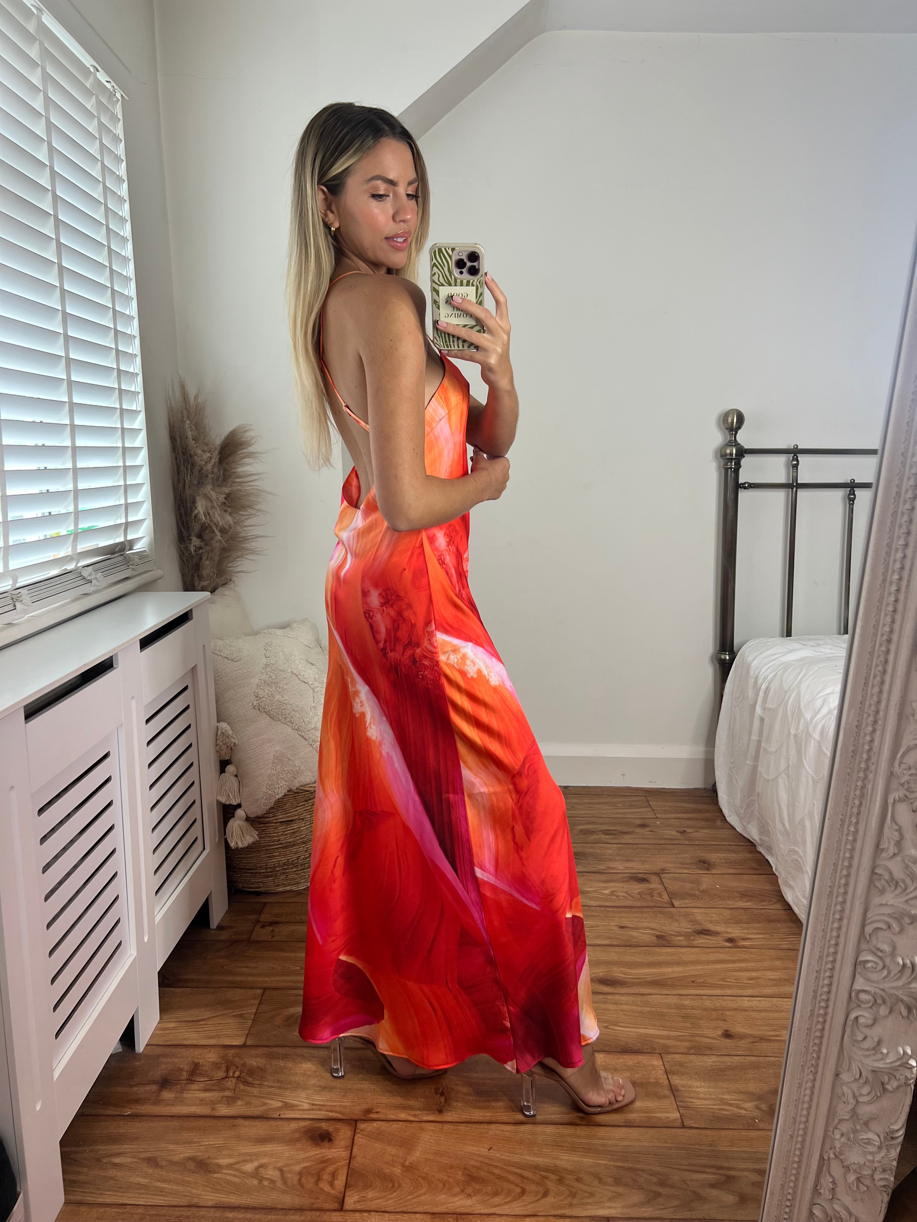 Zara Orange Printed Longer Length Midi Satin Bias Cut Elegant Strappy Dress with Low Back