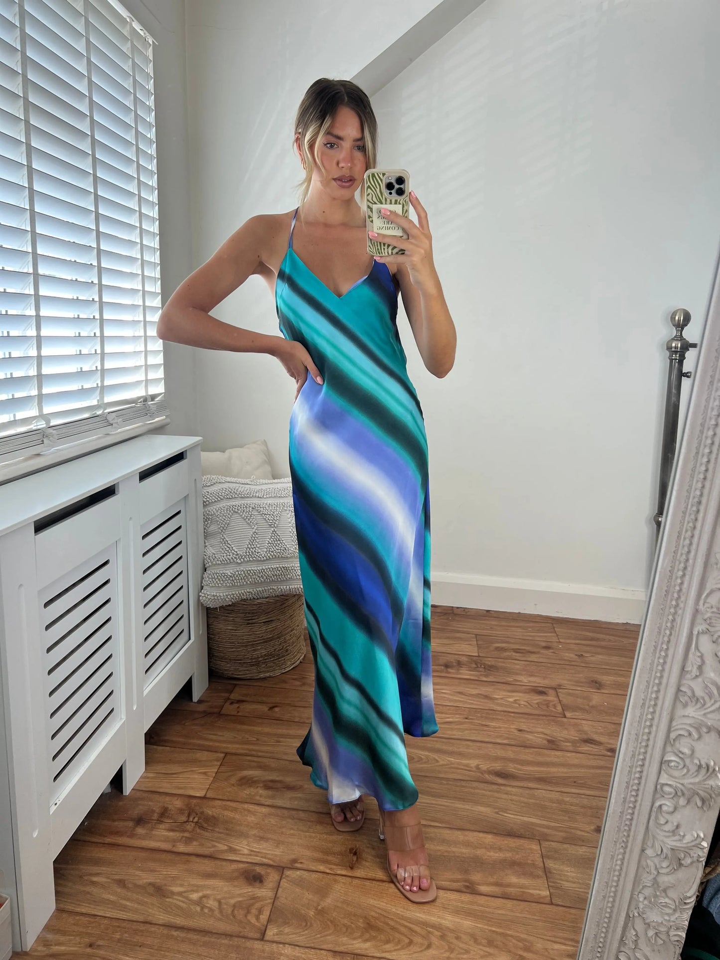Mykonos Blue Stripe Printed Midi Low Back V Neck Bias Cut Strappy Dress Josh And Nicol