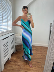Mykonos Blue Stripe Printed Midi Low Back V Neck Bias Cut Strappy Dress