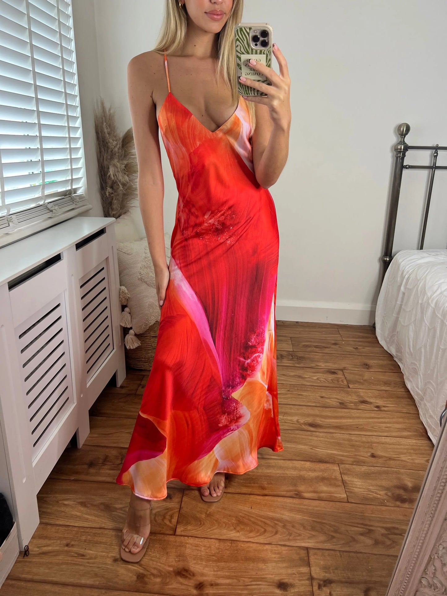 Zara Orange Printed Longer Length Midi Satin Bias Cut Elegant Strappy Dress with Low Back Josh And Nicol