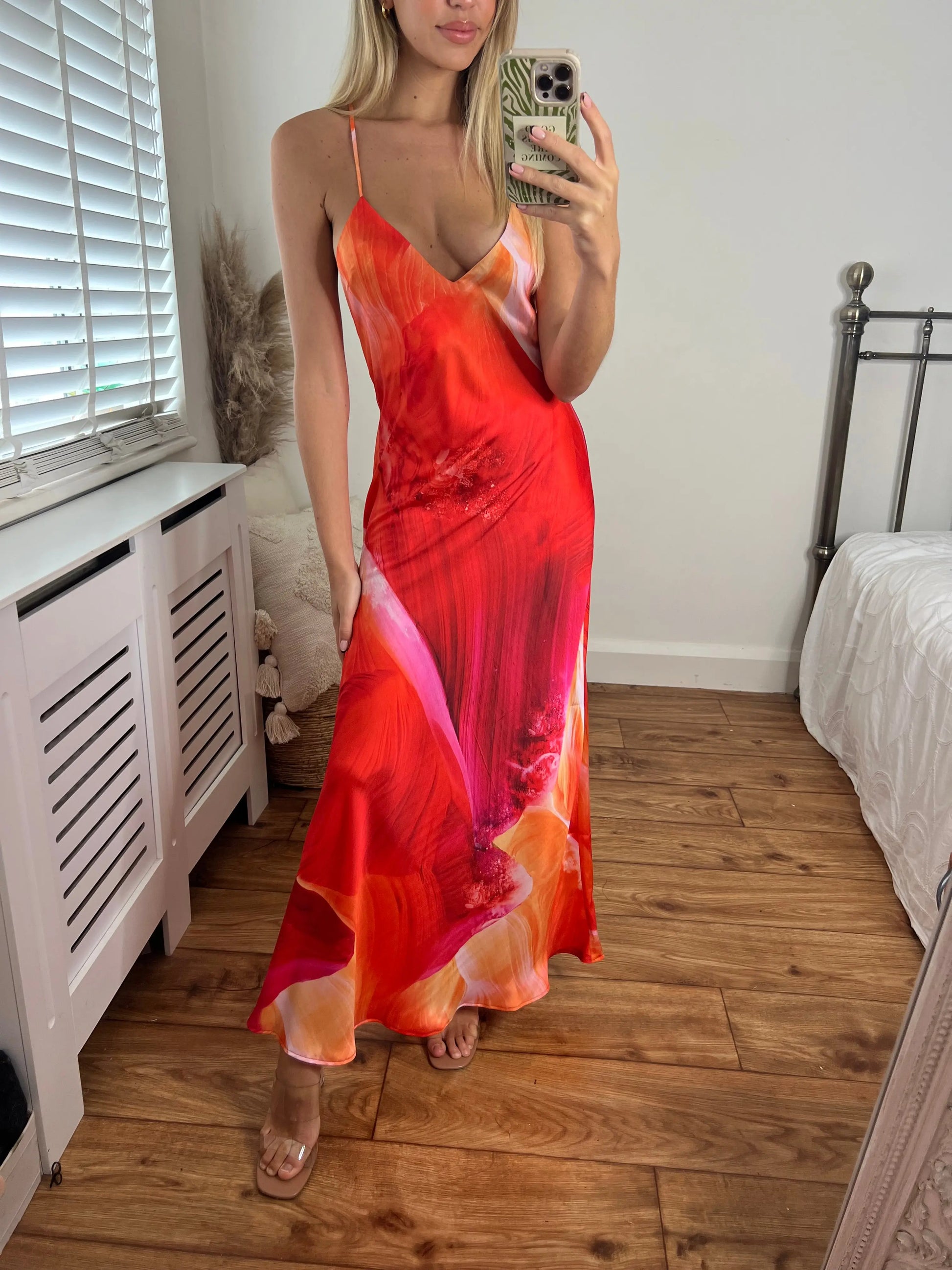 Zara Orange Printed Longer Length Midi Satin Bias Cut Elegant Strappy Dress with Low Back Josh And Nicol