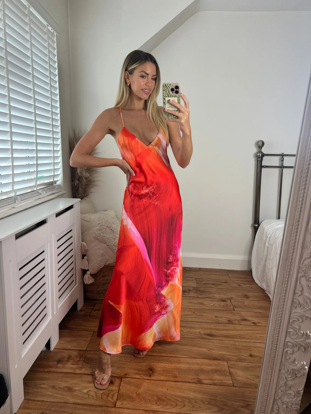 Zara Orange Printed Longer Length Midi Satin Bias Cut Elegant Strappy Dress with Low Back Josh And Nicol