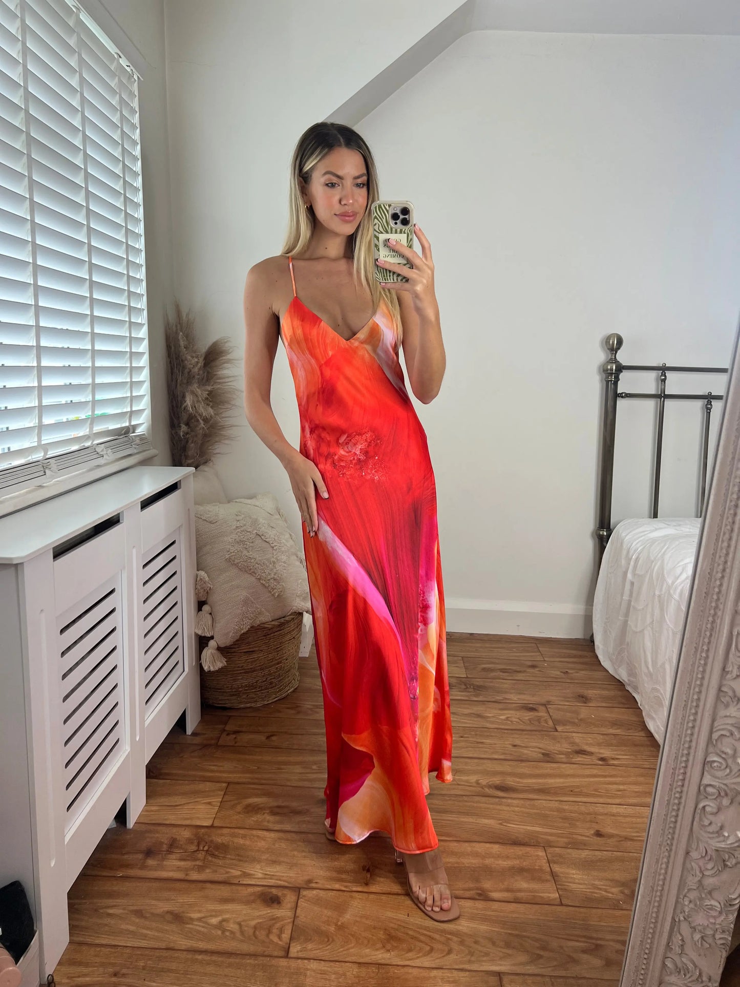 Zara Orange Printed Longer Length Midi Satin Bias Cut Elegant Strappy Dress with Low Back Josh And Nicol