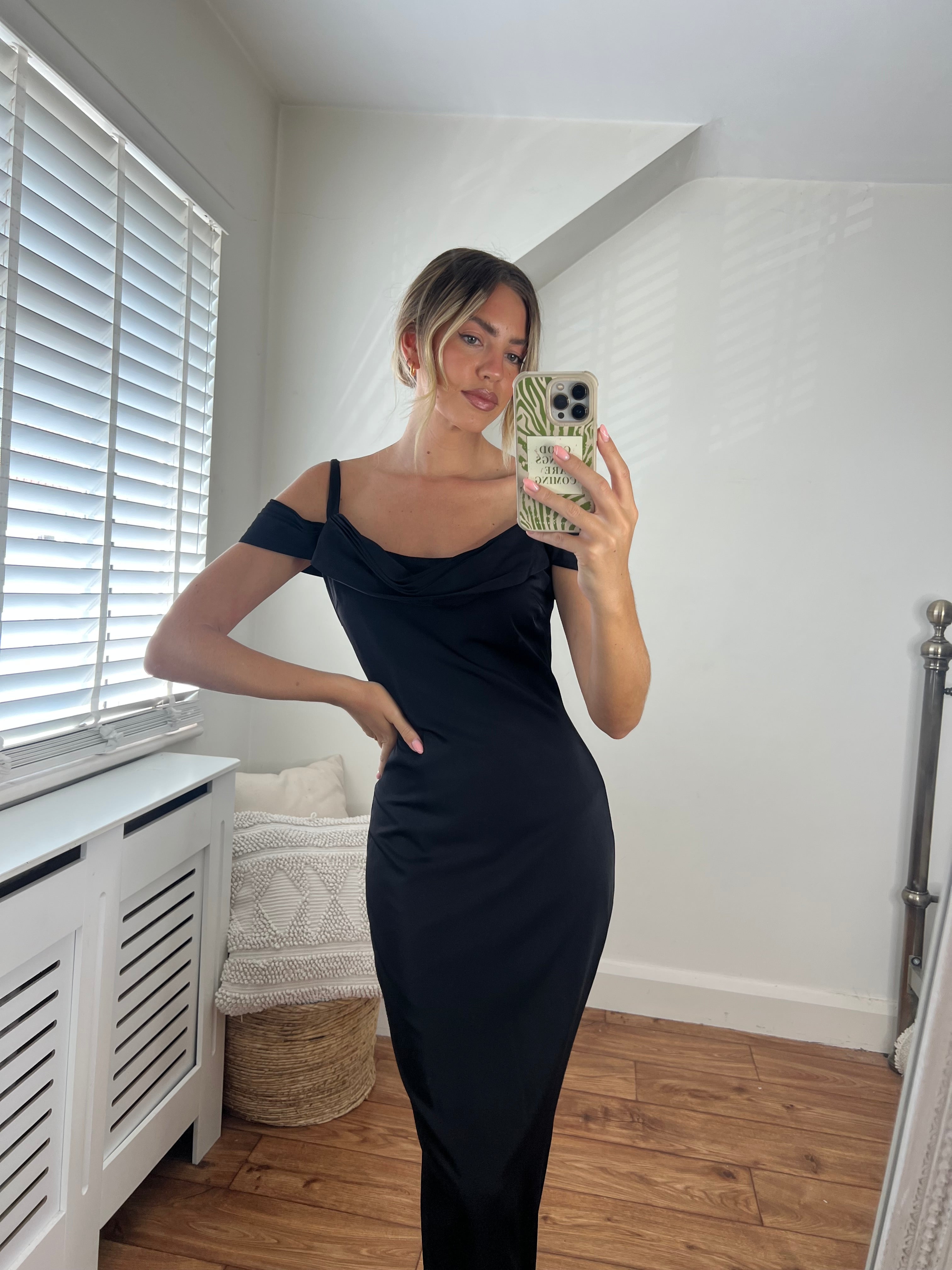 Lizzie Draped Off The Shoulder Cowl Neck Long Maxi Dress in Black