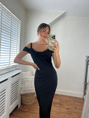 Lizzie Draped Off The Shoulder Cowl Neck Long Maxi Dress in Black Josh And Nicol