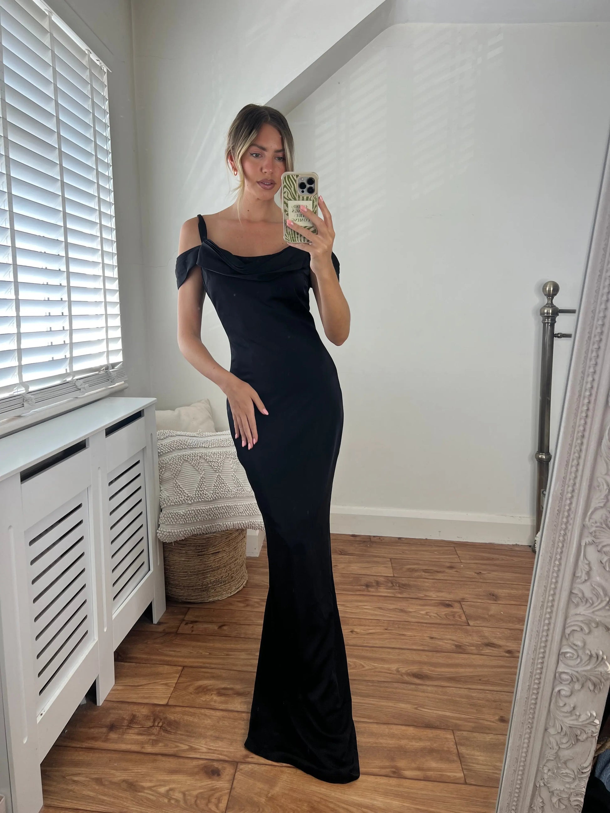 off shoulder cowl dress Off-the-shoulder Cowl Neck Long Sleeve Satin Bridal Dress