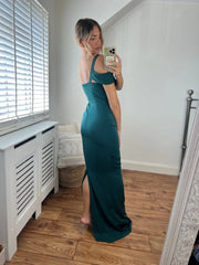 Lizzie Draped Off The Shoulder Cowl Neck Dress in Emerald Green