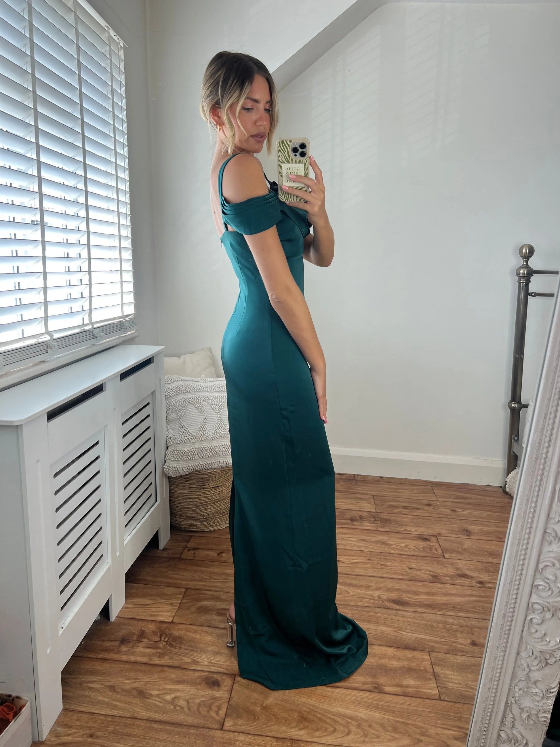 Lizzie Draped Off The Shoulder Cowl Neck Dress in Emerald Green Josh And Nicol