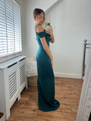 Lizzie Draped Off The Shoulder Cowl Neck Dress in Emerald Green