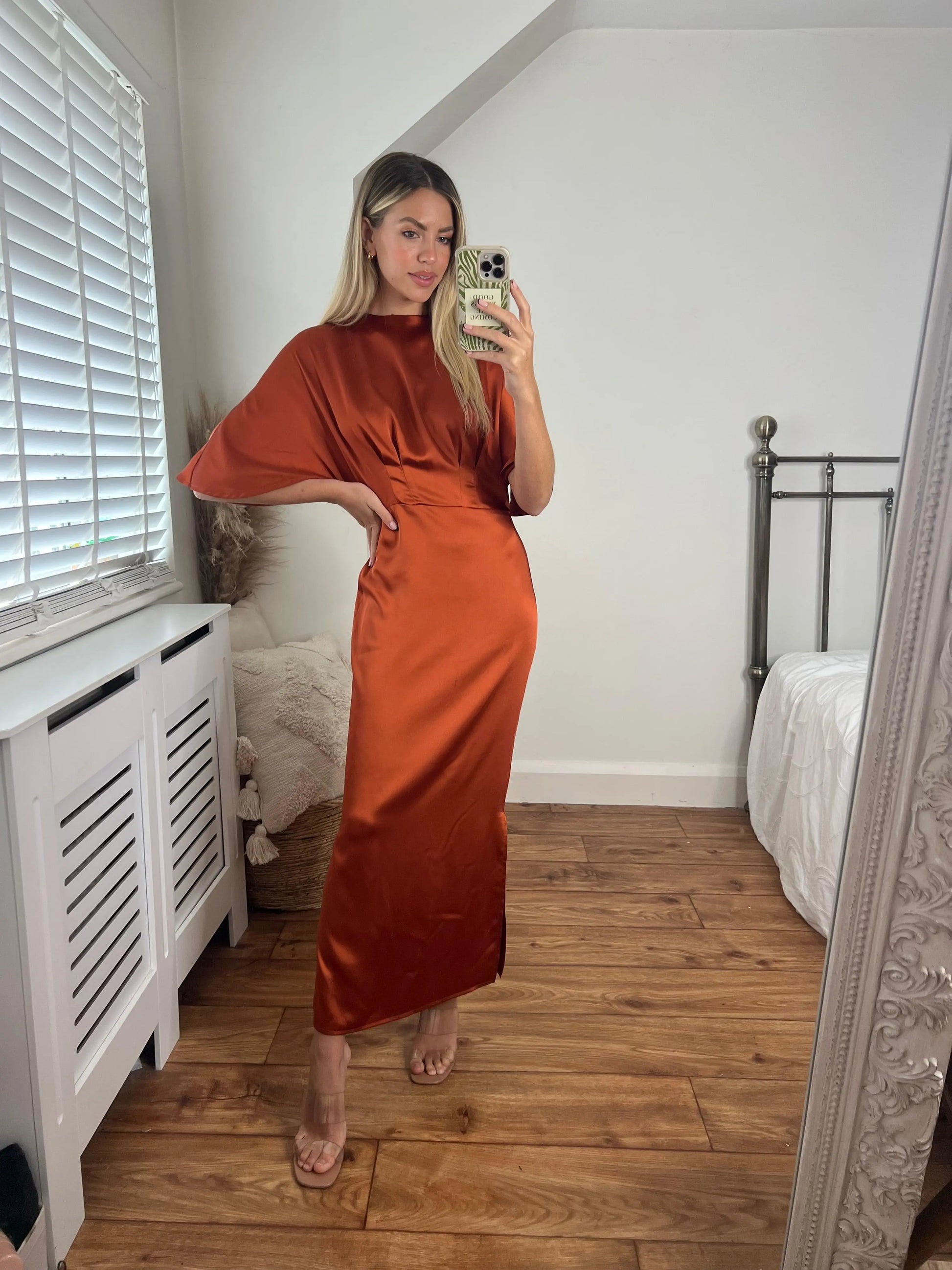Celine Satin Batwing Cinnamon Orange Dress Josh And Nicol