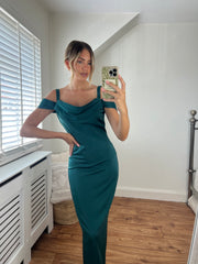 Lizzie Draped Off The Shoulder Cowl Neck Dress in Emerald Green
