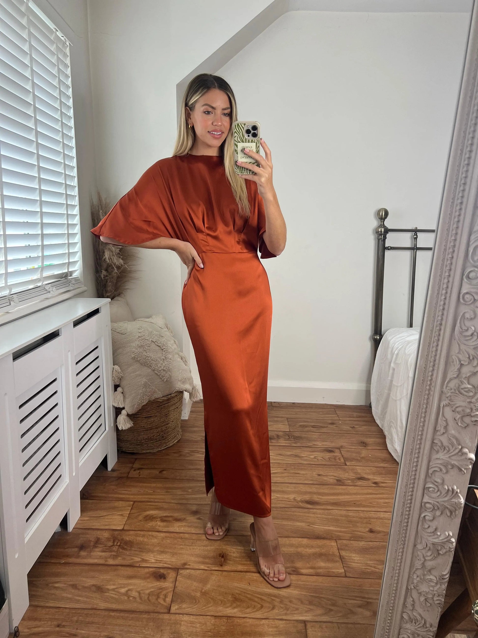Celine Satin Batwing Cinnamon Orange Dress Josh And Nicol