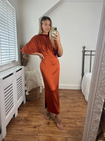 Celine Satin Batwing Cinnamon Orange Dress Josh And Nicol
