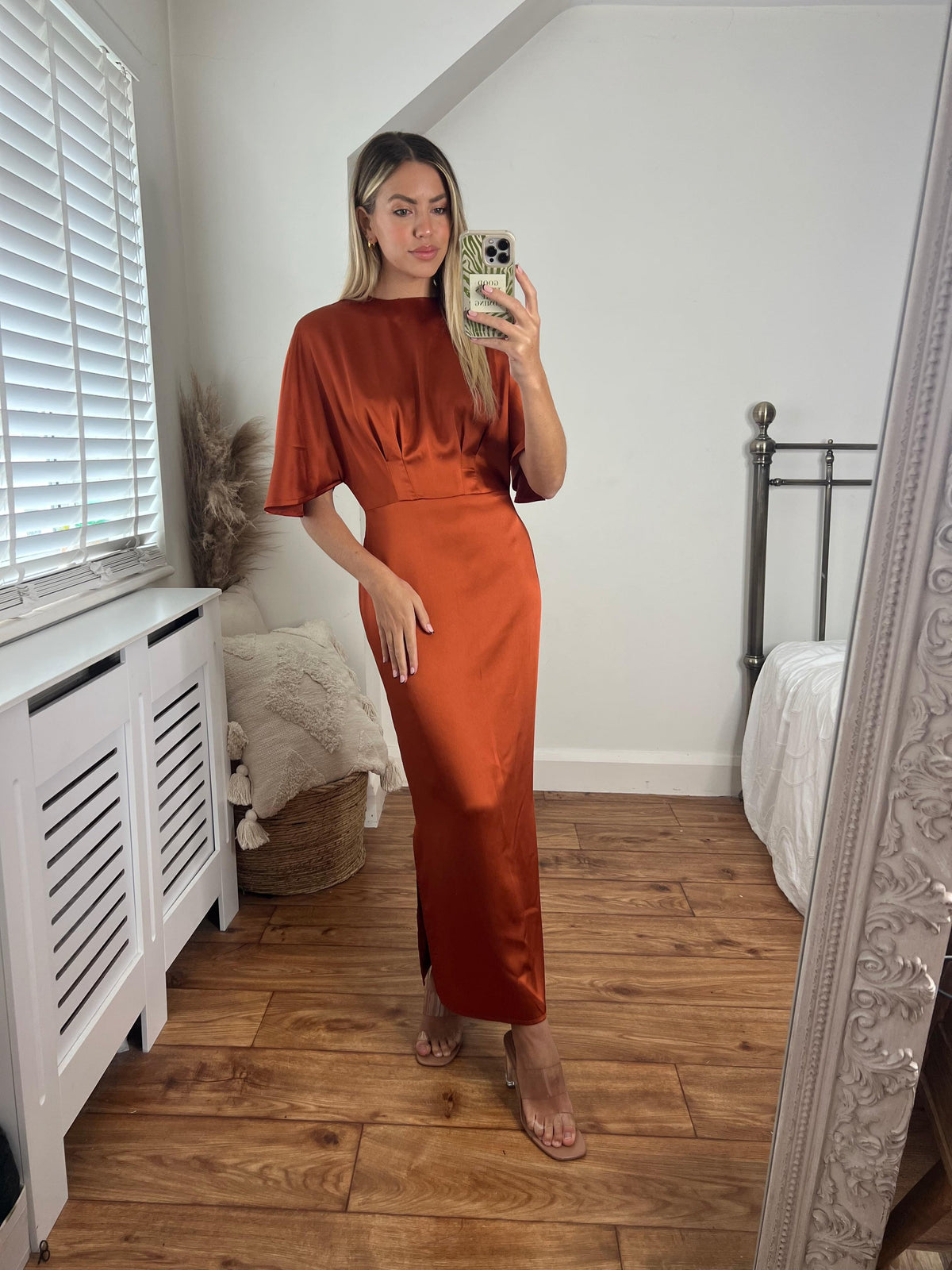 Celine Satin Batwing Cinnamon Orange Dress