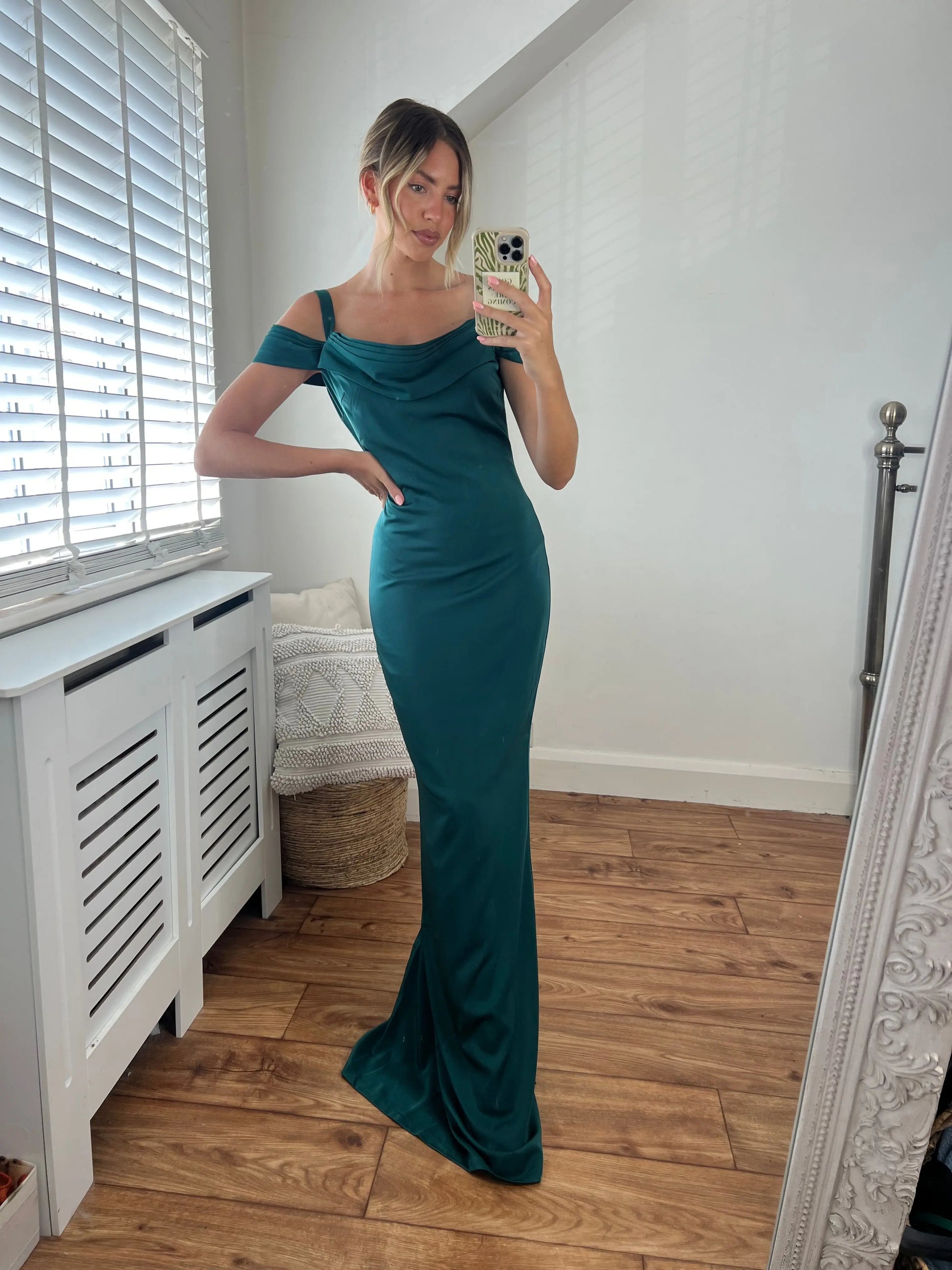 off shoulder cowl neck dress Off-the-Shoulder Cowl-Neck Satin Prom Dress with Slit Champagne / 14