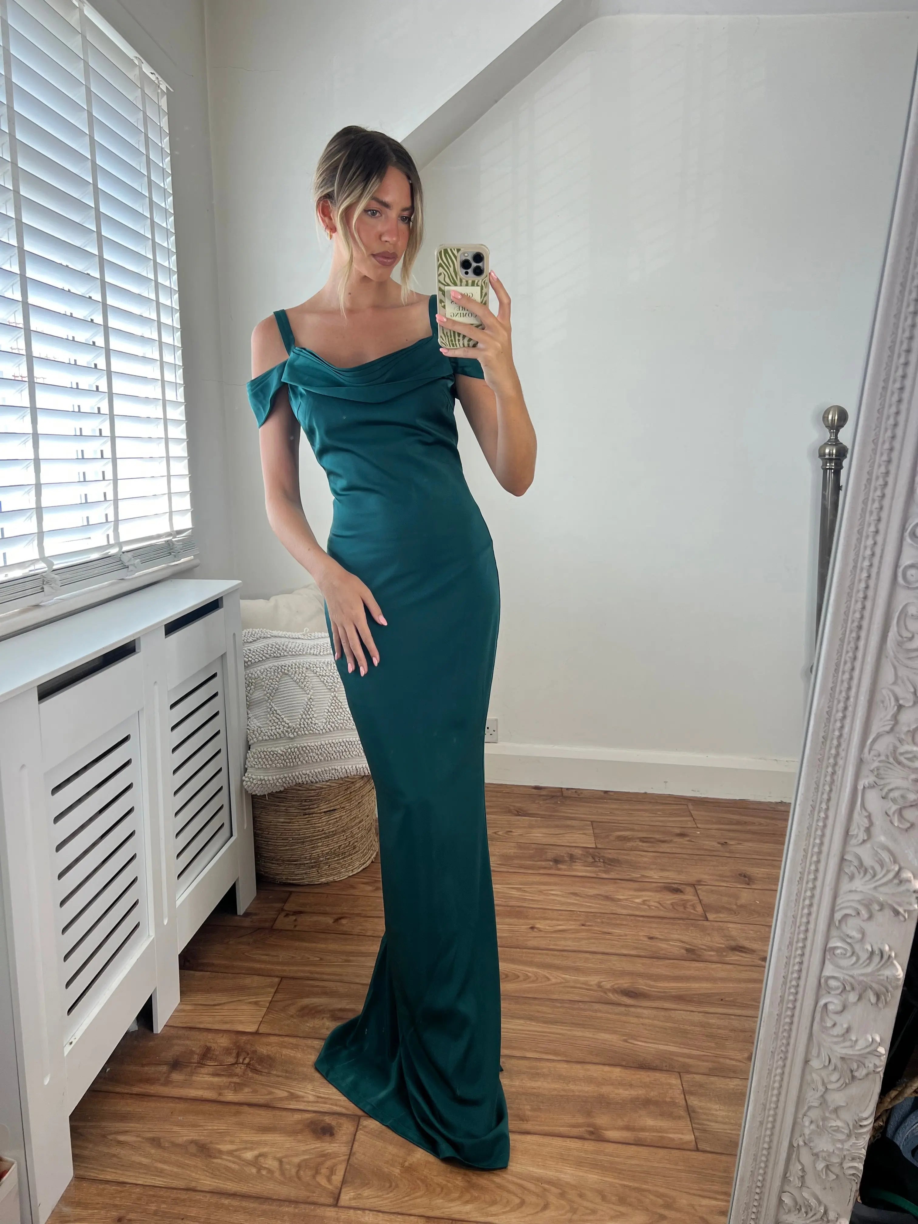 Lizzie Draped Off The Shoulder Cowl Neck Dress in Emerald Green Josh And Nicol