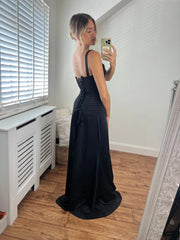 Catherine Fitted Premium Satin Pin-tuck Design Lace Up Back Full Length Dress In Black Josh And Nicol