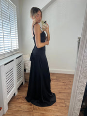 Catherine Fitted Premium Satin Pin-tuck Design Lace Up Back Full Length Dress In Black Josh And Nicol