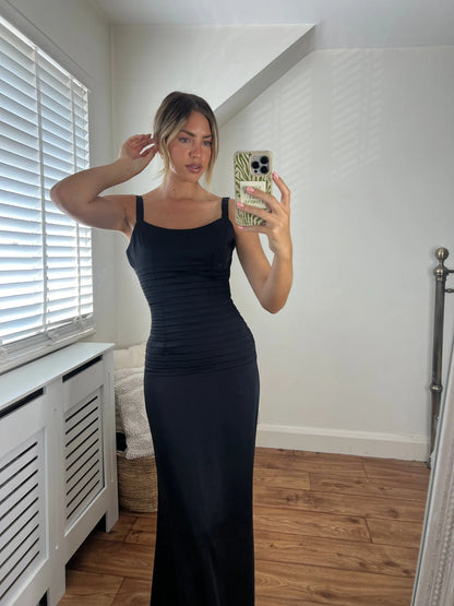 Catherine Fitted Premium Satin Pin-tuck Design Lace Up Back Full Length Dress In Black Josh And Nicol