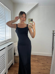 Catherine Fitted Premium Satin Pin-tuck Design Lace Up Back Full Length Dress In Black Josh And Nicol