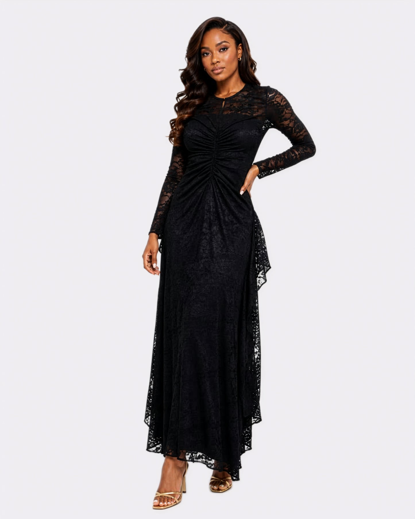 noel ruched LACE dress in BLACK