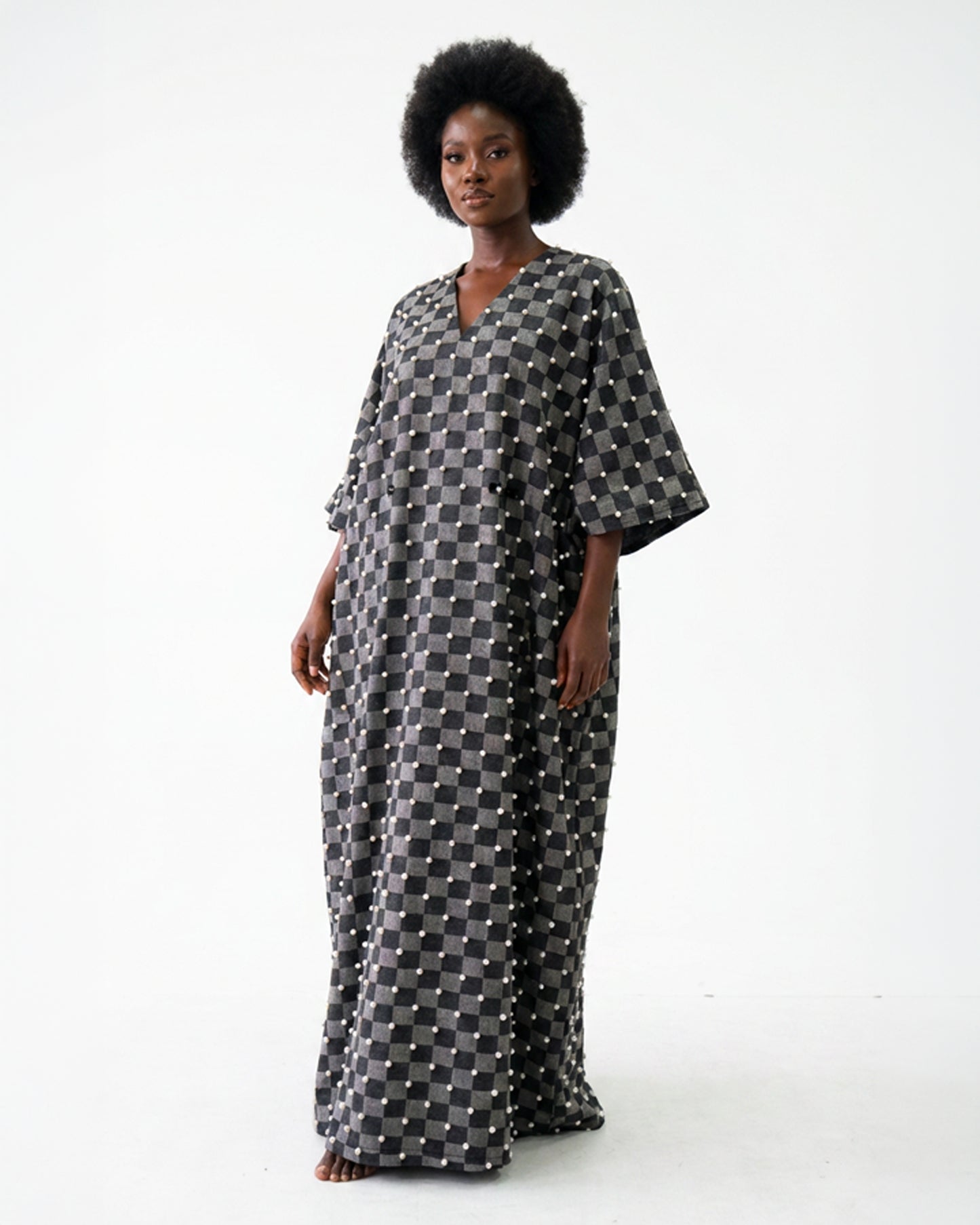 Abeni Pearl Beaded Denim Kaftan ( One Of A kind)
