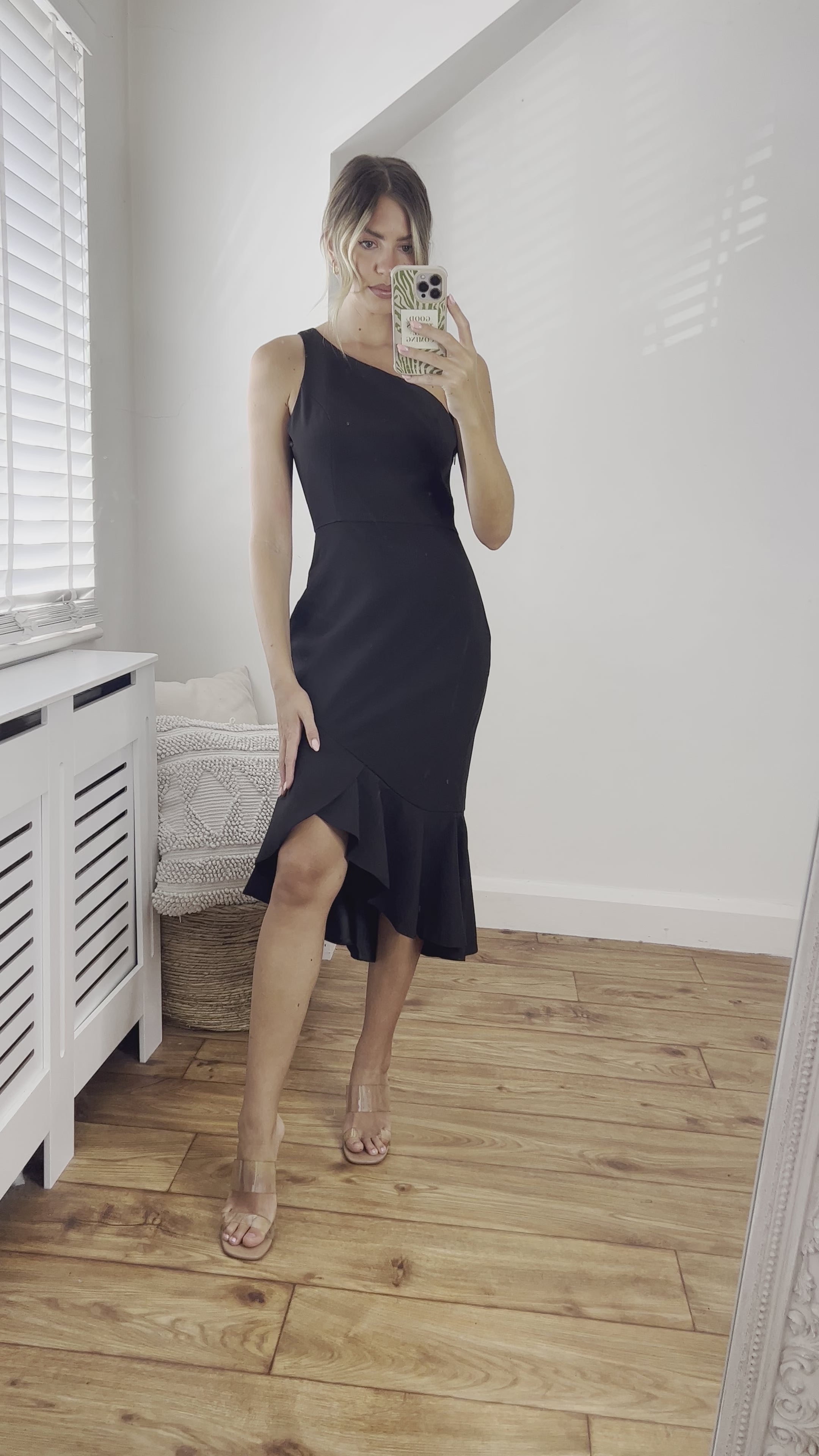 Diana One Shoulder Luxurious Crepe Fitted Peplum Frill Midi Dress in Black