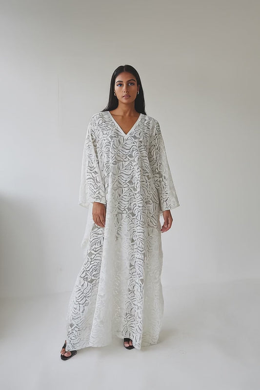 Chantilly lace kaftan with matching head scarf.