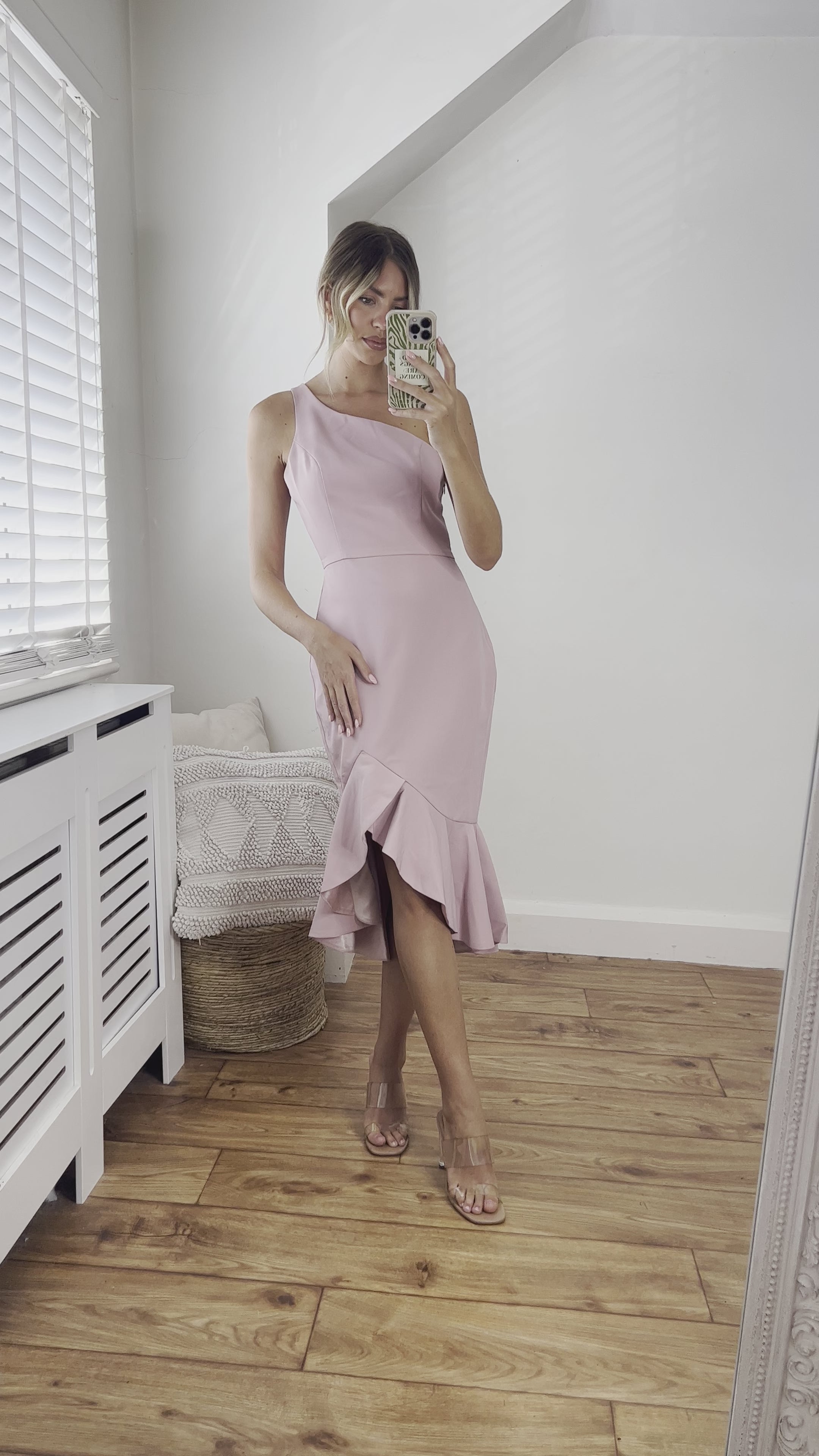 Diana One Shoulder Luxurious Crepe Fitted Peplum Frill Midi Dress in Blush Pink
