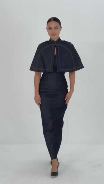 Sofia Maxi Bodycon Denim Dress and Cape