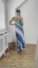 Mykonos Blue Stripe Printed Midi Low Back V Neck Bias Cut Strappy Dress
