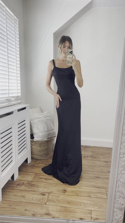 Catherine Fitted Premium Satin Pin-tuck Design Lace Up Back Full Length Dress In Black