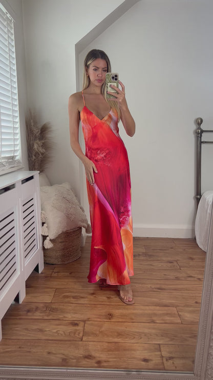 Zara Orange Printed Longer Length Midi Satin Bias Cut Elegant Strappy Dress with Low Back