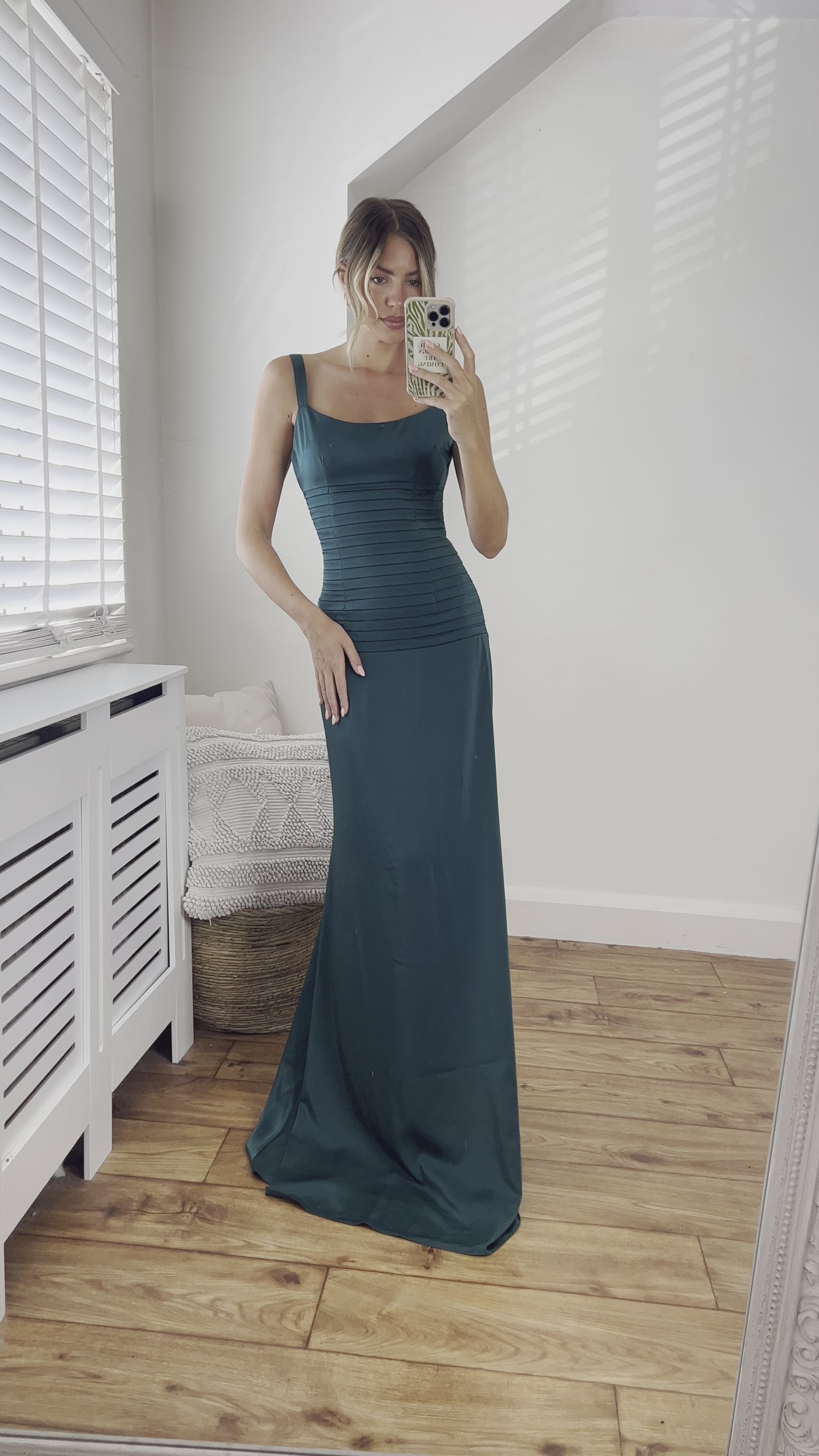 Catherine Fitted Corset Premium Satin Pin-tuck Design Lace Up Back Full Length Dress In Emerald Green