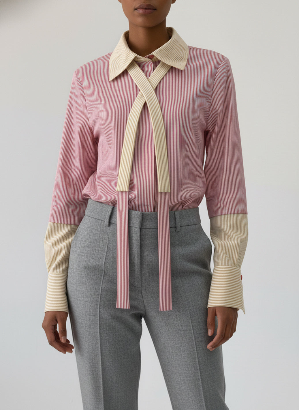 Contrast Tie-Neck Blouse in Rose & Cream Josh And Nicol