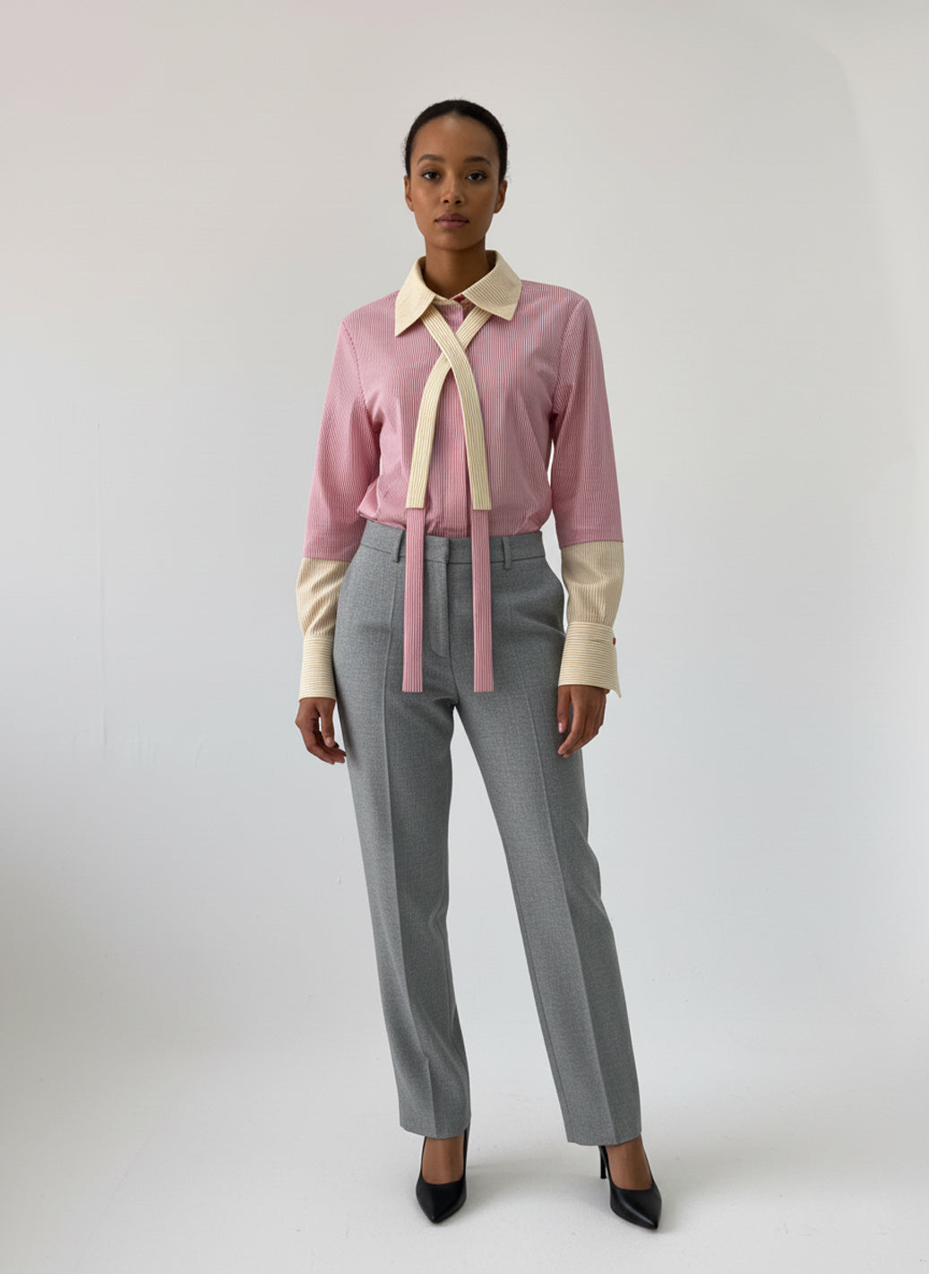Contrast Tie-Neck Blouse in Rose & Cream Josh And Nicol