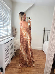 Sienna Cold Shoulder Dress- Beige Print